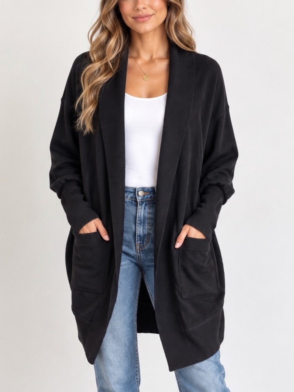 Wilfred Open Cardigan Womens Size XS Black Ribbed Shawl Collar Minimalist Casual